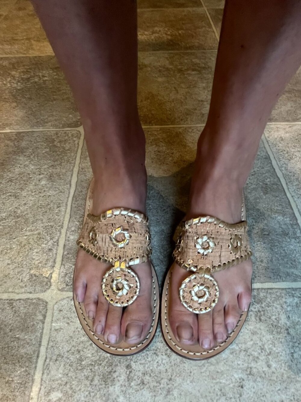 Jacks Flat Cork and Gold Woven Thong Sandals